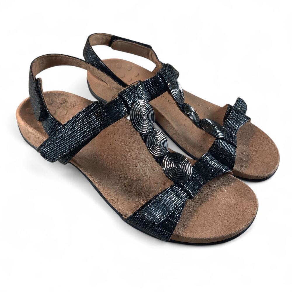 Vionic Black Strappy Sandals with Silver Spiral Accents
